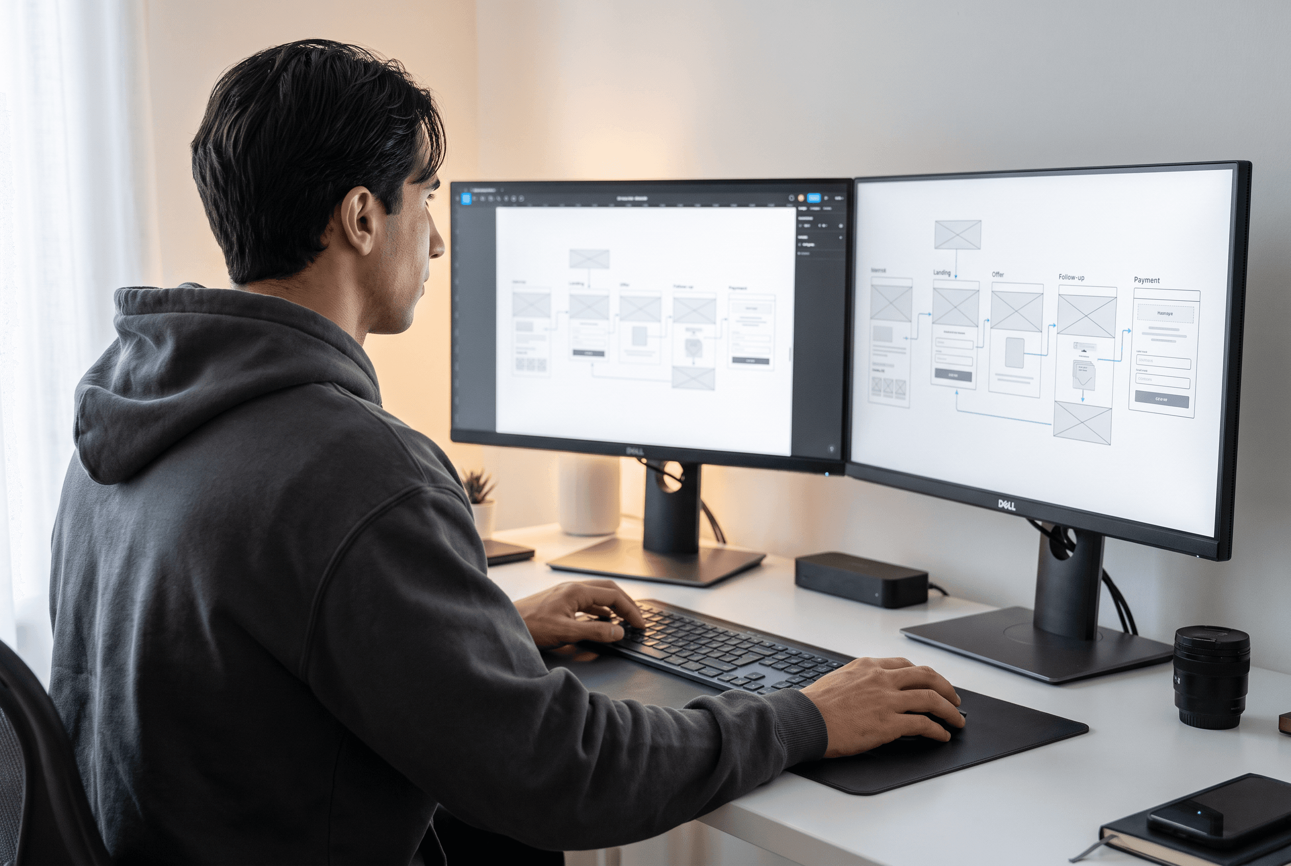 Wireframe di un funnel con landing, offerta, follow-up e pagamento collegati